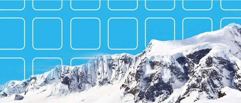 image of a mountain with a snowflake blue background and rounded white outline square on top