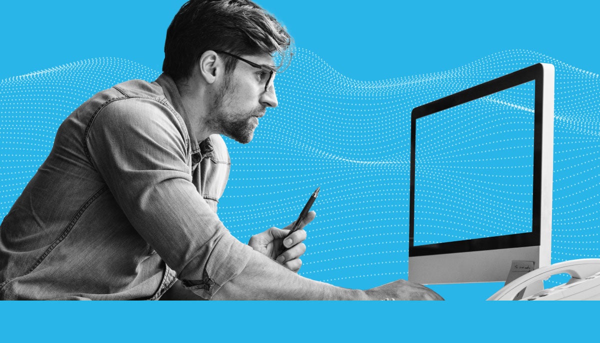 Compostie illustration of a man sitting in front of a desktop computer on a Snowflake blue background