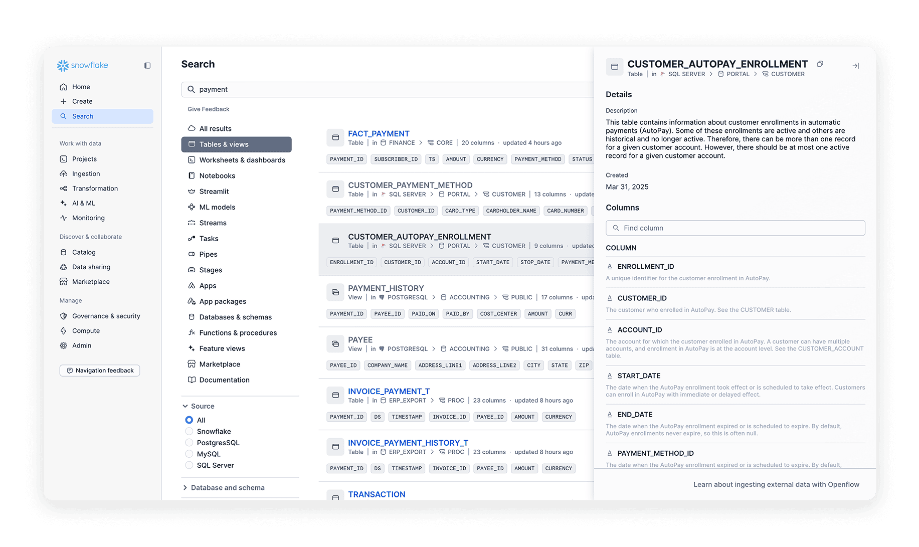 Screenshot of Snowflake Horizon capabilities