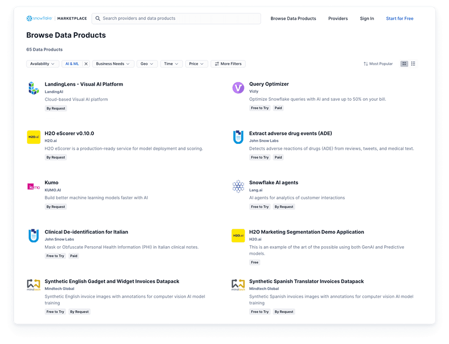 Snowflake Marketplace Browse Data Products screenshot